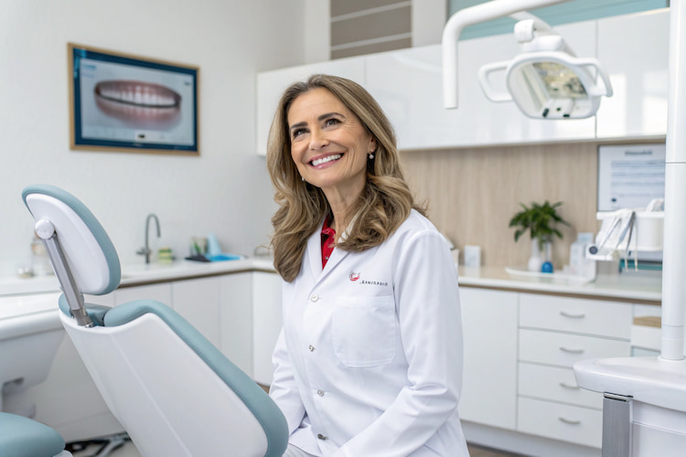 Dentist examining a patient's teeth for discoloration and possible decay