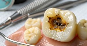 a close up photo of a cavity that can lead to black spots on teeth