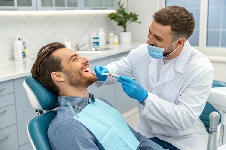 Dental professional assessing tooth colour before cosmetic treatment