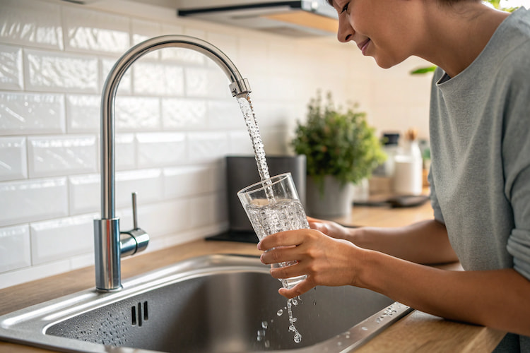 a photo of a person drinking tap water in Toronto at home