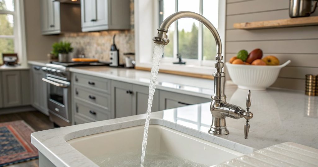a photo of a sink and tap water in Toronto in a kitchen setting