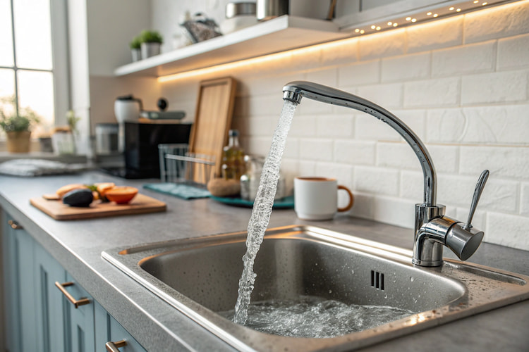 a photo of a kitchen's sink with running tap water in Toronto