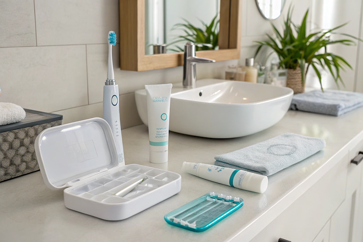 a set of at home yellow teeth whitening kits on a bathroom counter
