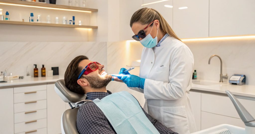 a photo of a cosmetic dentist doing in office yellow teeth whitening for a patient