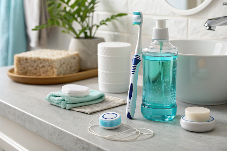 a photo of oral care tools to maintain oral hygiene at home for people who ask why do my teeth hurt when I eat ice cream