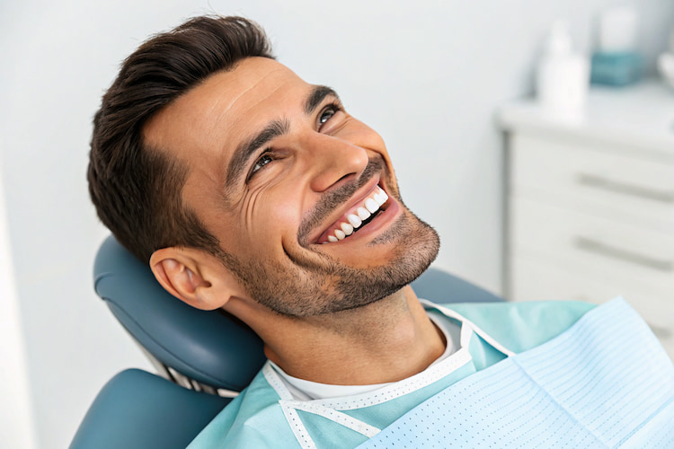 a photo of a patient in a dental clinic smiling with dental veneers  