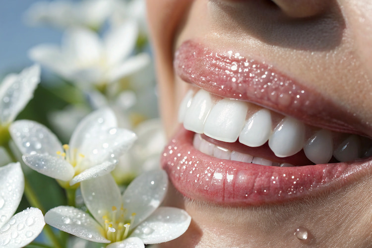 a photo of white bright teeth after in office yellow teeth whitening treatment 
