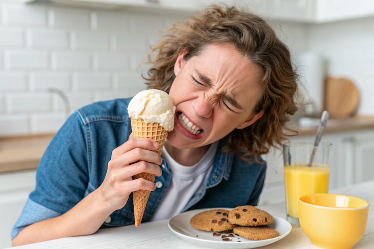 a photo showing a woman having tooth sensitivity to cold, showing the answer to the question: why do my teeth hurt when I eat ice cream