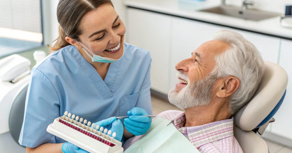 a cosmetic dentist showing an older patient options for veneers for older adults