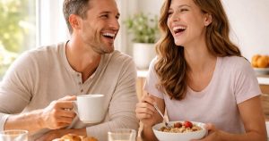 a photo of a couple eating food in a kitchen showing what you can eat after veneers