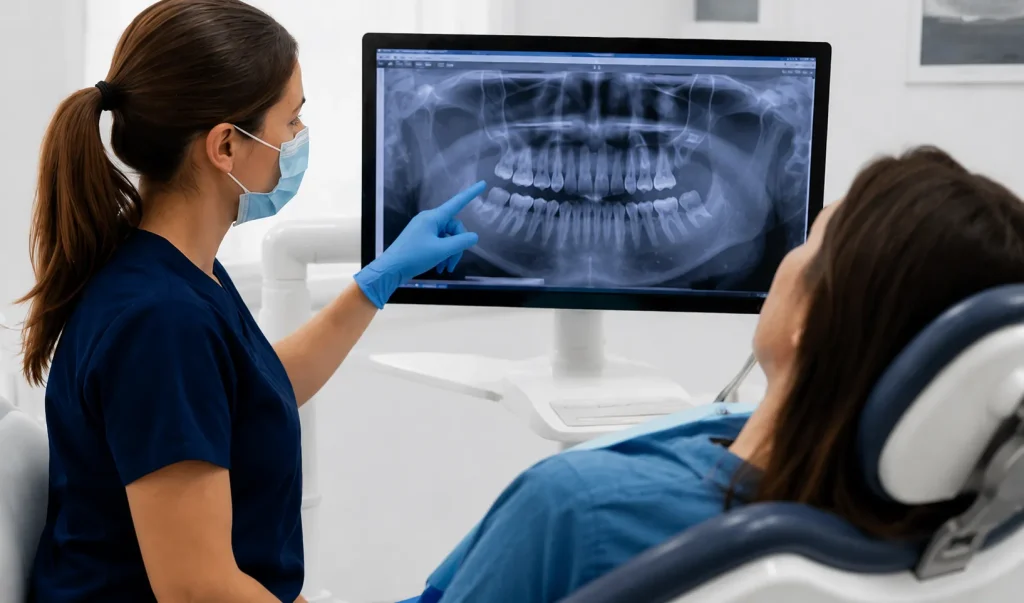Dentist reviewing a dental X-ray with a patient at a severe tooth pain emergency visit