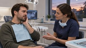 Patient discussing sudden tooth pain with a dental professional during an evening emergency dental visit.