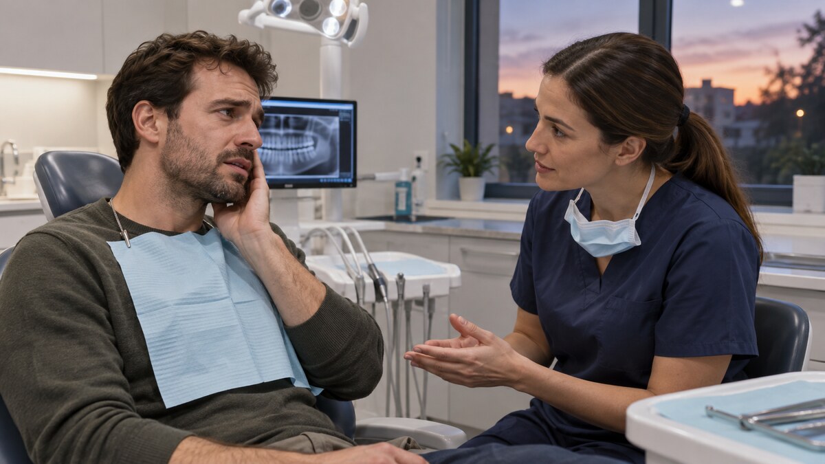 Patient discussing sudden tooth pain with a dental professional during an evening emergency dental visit.