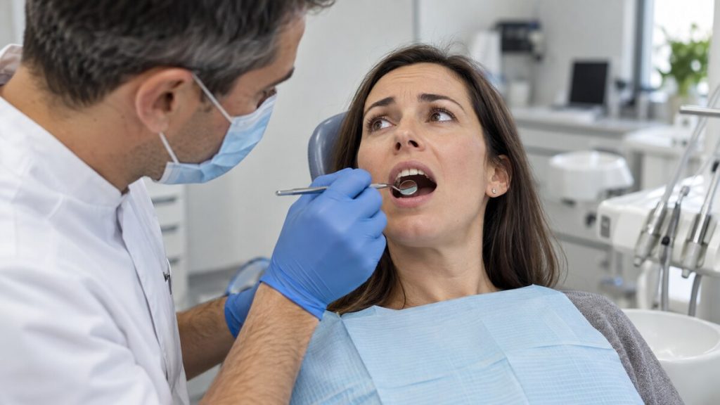 Patient having a broken tooth examined during an emergency dental visit.