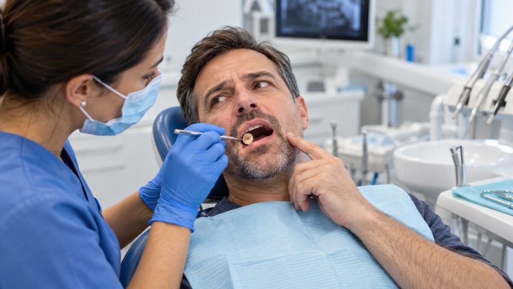 Dentist examining a tooth after a dental filling has fallen out.