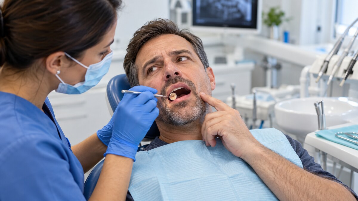 Dentist examining a tooth after a dental filling has fallen out.