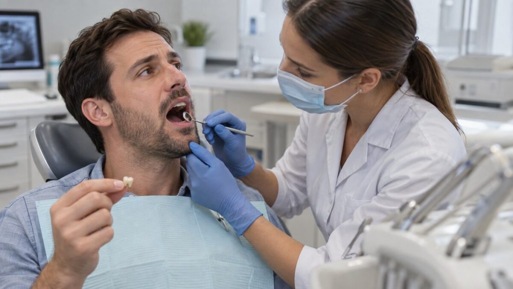Patient having a tooth examined after losing a dental crown.