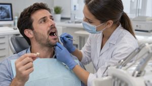 Patient having a tooth examined after losing a dental crown.