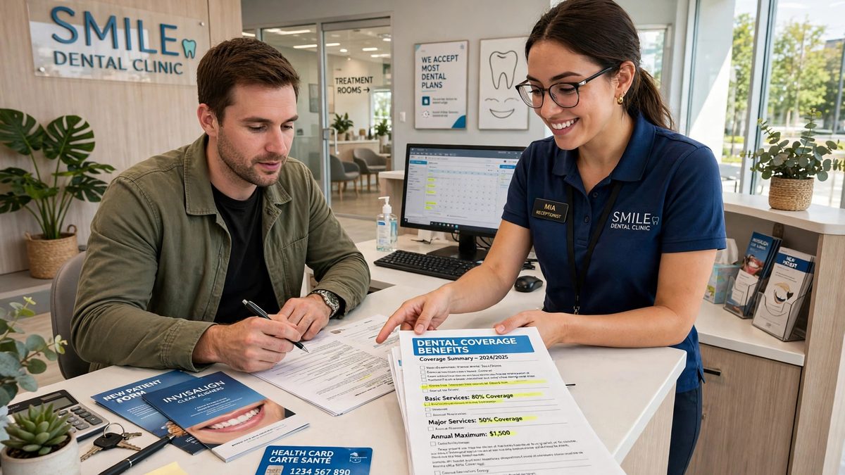 A patient reviewing dental coverage paperwork at the reception desk of an emergency dental clinic