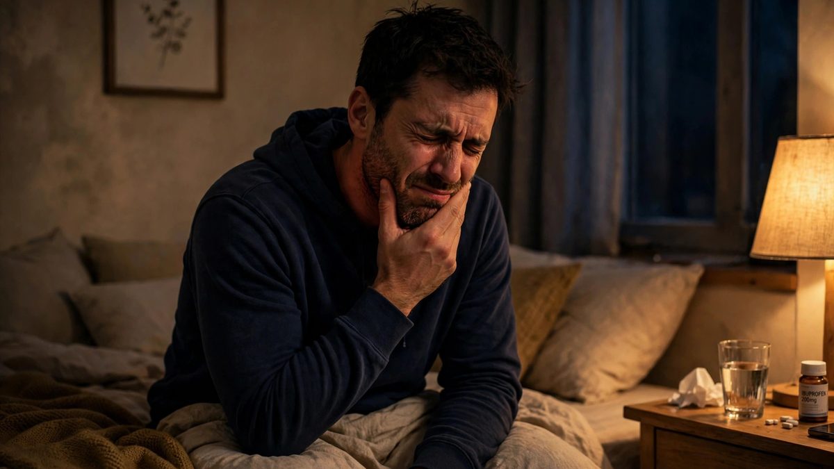An adult at home in the evening holding their jaw in severe tooth pain