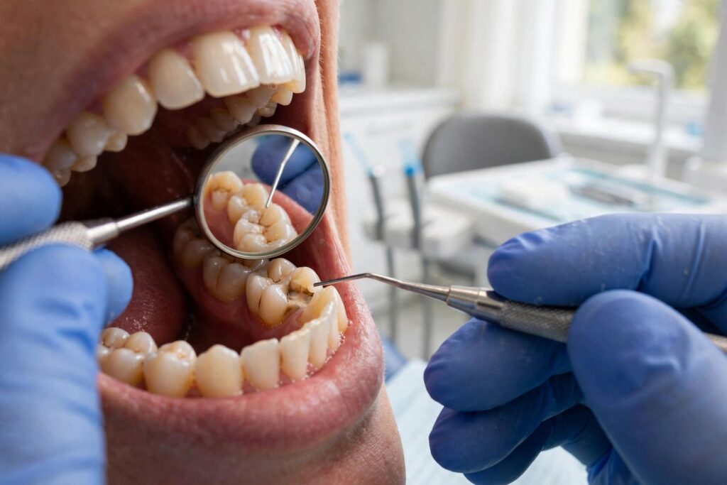 Dentist examining a damaged tooth with a dental mirror