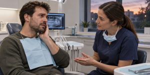 Patient discussing sudden tooth pain with a dental professional during an evening emergency dental visit.