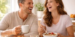 a photo of a couple eating food in a kitchen showing what you can eat after veneers