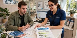 A patient reviewing dental coverage paperwork at the reception desk of an emergency dental clinic