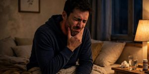 An adult at home in the evening holding their jaw in severe tooth pain