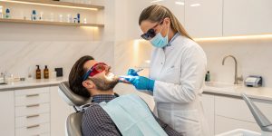 a photo of a cosmetic dentist doing in office yellow teeth whitening for a patient