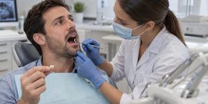 Patient having a tooth examined after losing a dental crown.